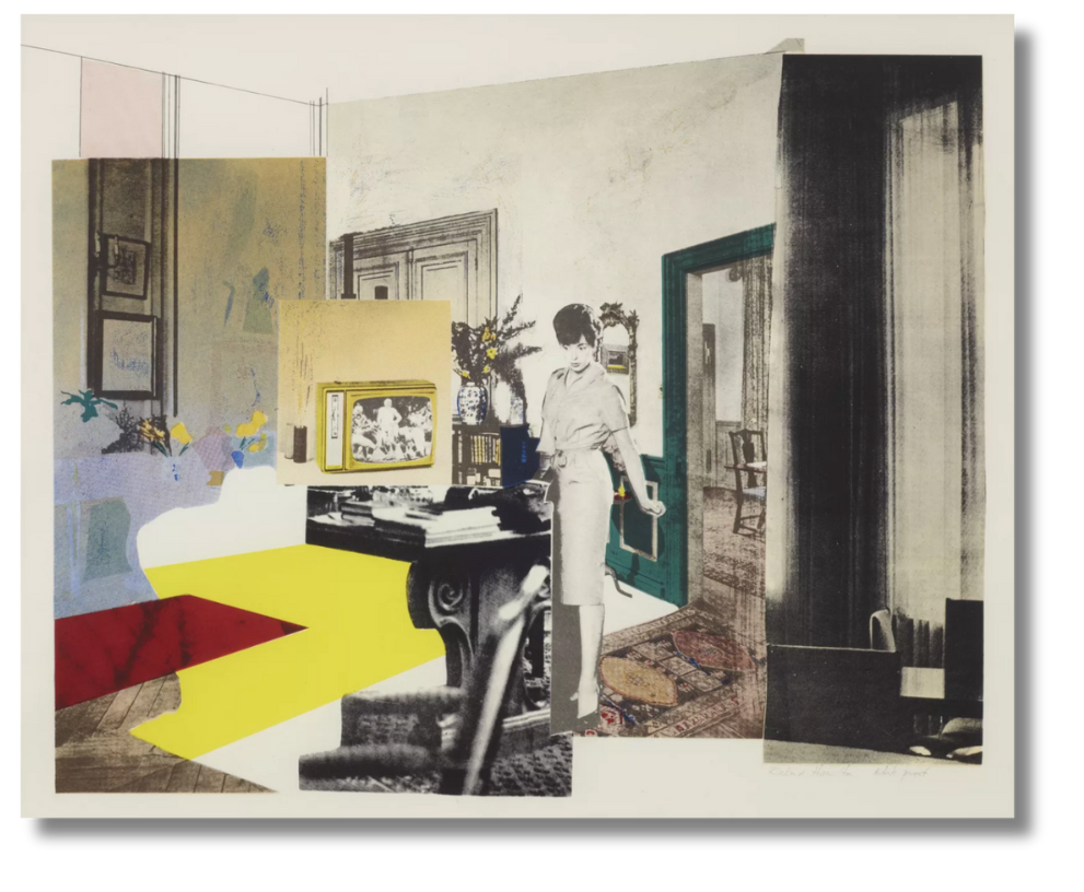 A collage by Richard Hamilton featuring a woman in a domestic interior, with layered photographs and color blocks suggesting mid-century modern design.