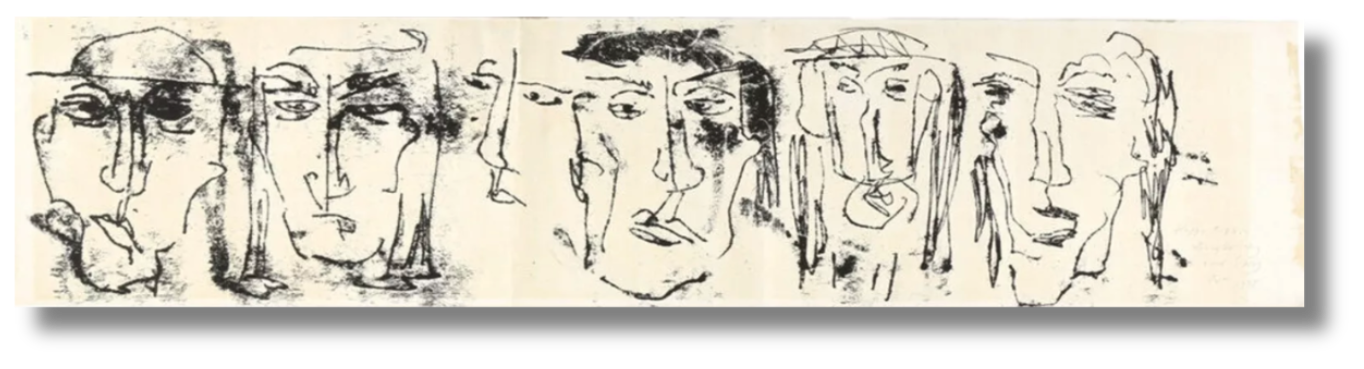 A horizontal composition featuring a series of loosely sketched abstract faces in black ink on a light background, each with exaggerated features and expressive line work, evoking a raw, emotional tone.