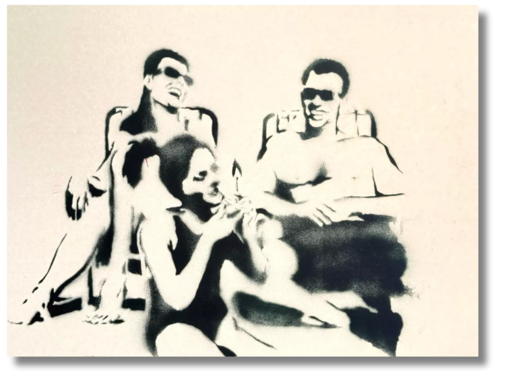 Spray paint stencil by British contemporary artist, Banksy, echoing street art influences and casual leisure scenes in British urban culture.