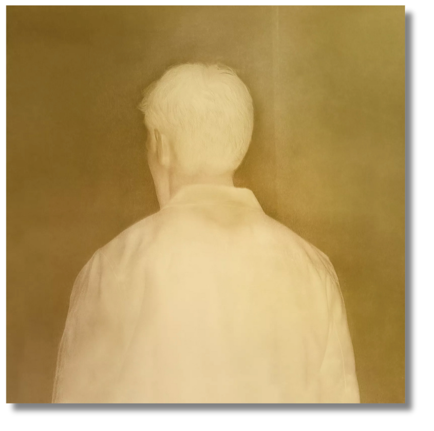 Dreamlike portrait rendered in soft tones, exploring anonymity and introspection in the French figurative tradition.