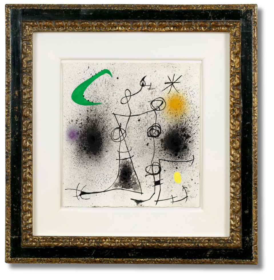 A framed abstract print featuring whimsical figures, color splashes, and cosmic symbols—classic modern work by one of the most iconic Spanish contemporary artists, Joan Miró.