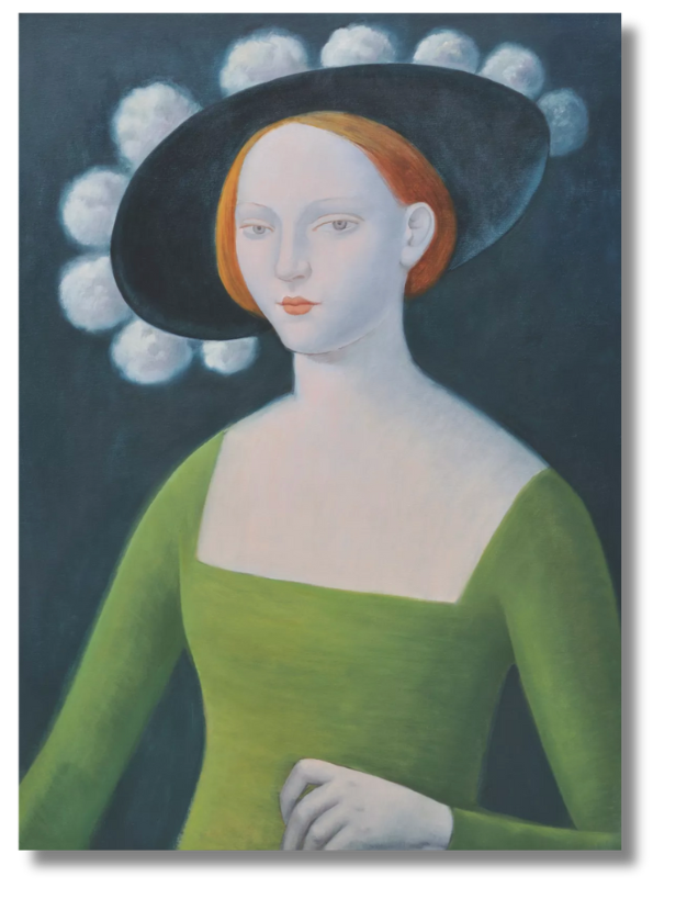 A serene portrait of a woman in a green dress and black hat, representative of Spanish contemporary artists' reinterpretation of classical beauty.