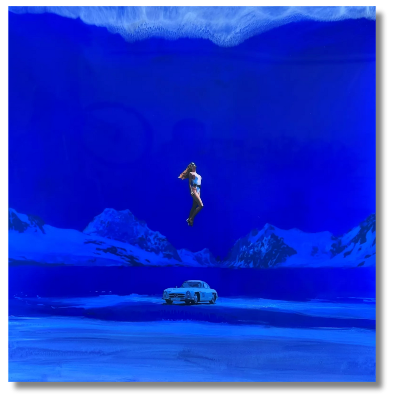 A surreal digital collage by a Spanish contemporary artist depicting a levitating woman above a vintage car in a luminous ultramarine dreamscape.