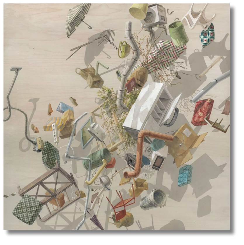 A chaotic cluster of household objects, furniture, and plants appears suspended midair against a pale wood background