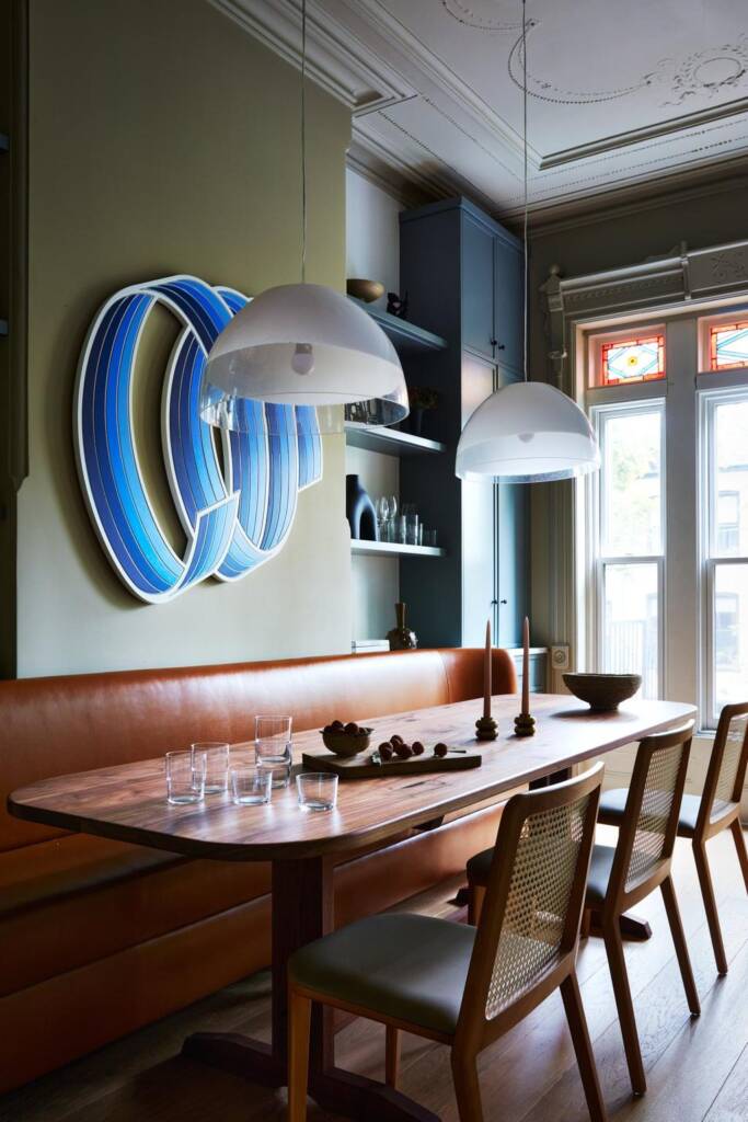 Jenna Krypell installation of a bold blue sculptural piece in a Brooklyn brownstone dining space