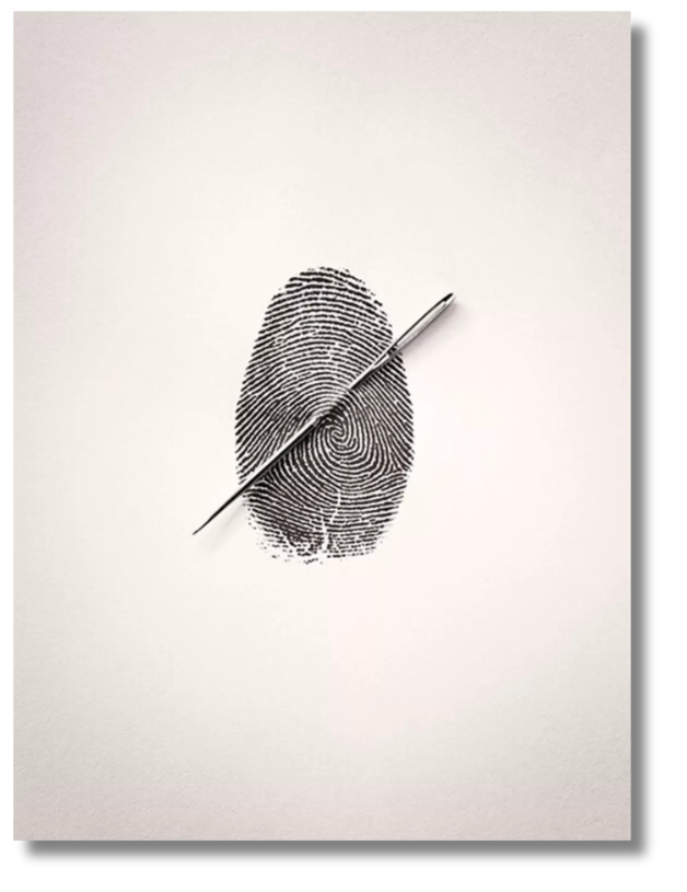 A fingerprint pierced by a silver needle on white paper—conceptual work exploring identity and vulnerability by Spanish contemporary artists.