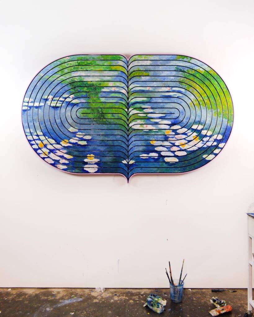 Sculptural painting by Jenna Krypell featuring a Monet-inspired water lily motif in a curved maze-like form