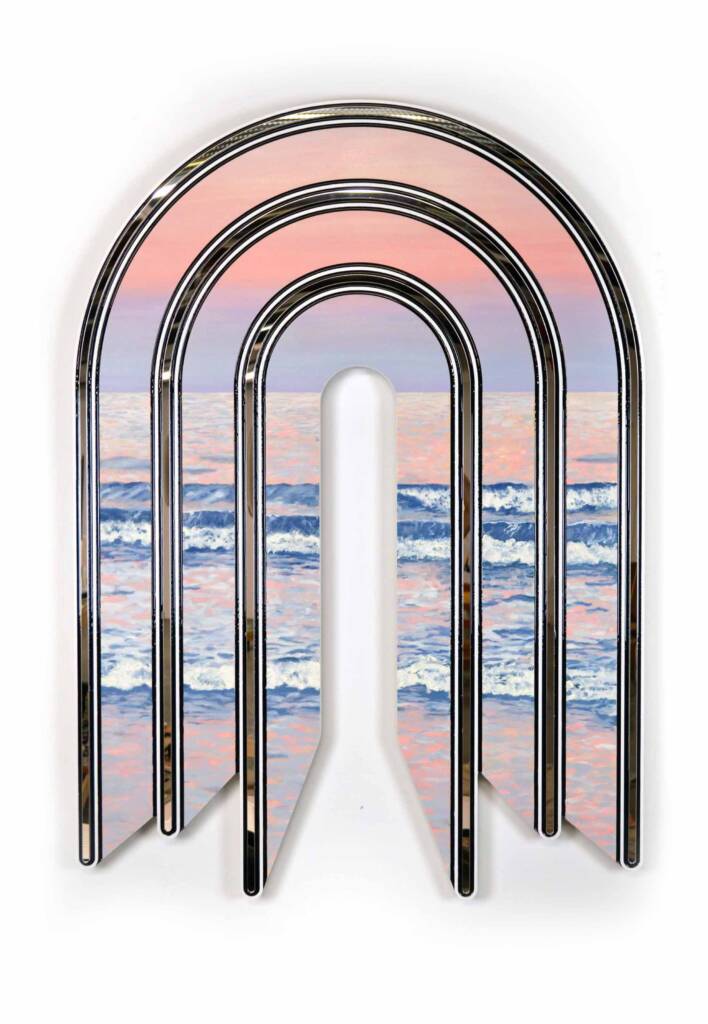 Jenna Krypell’s chrome-accented sculpture depicting a seascape with a pastel sunset and reflective arches