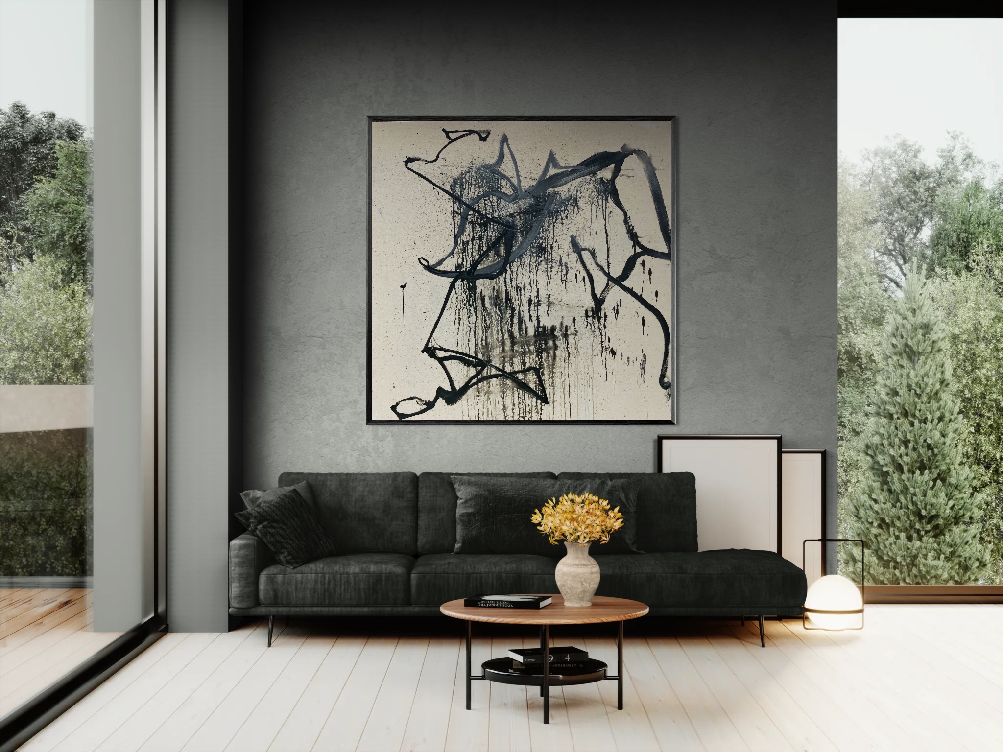 a black and white Edward Walton Wilcox abstraction places in a living room with a deep black couch