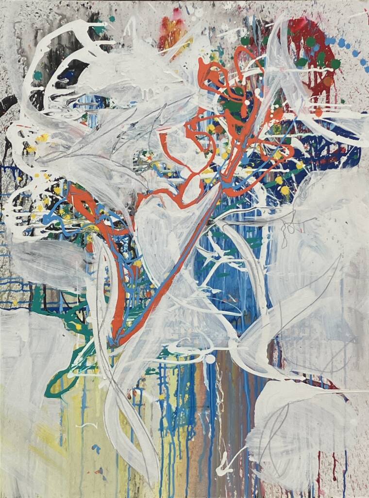 red and blue take charge of this contemporary piece