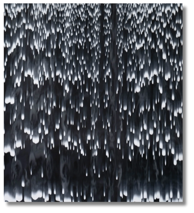 Dramatic black-and-white painting with falling light orbs on layered background in the january art edit