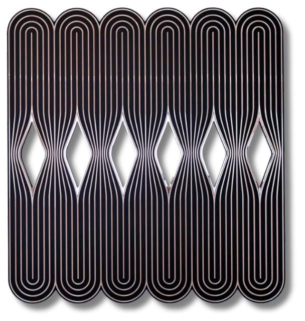 Geometric abstract artwork composed of interwoven metallic linear patterns forming symmetrical diamond-shaped motifs in the january art edit