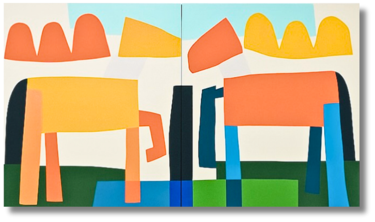 Minimalist figurative diptych depicting two stylized horses rendered in bold orange, yellow, blue, and green against a soft, pale sky in the january art edit