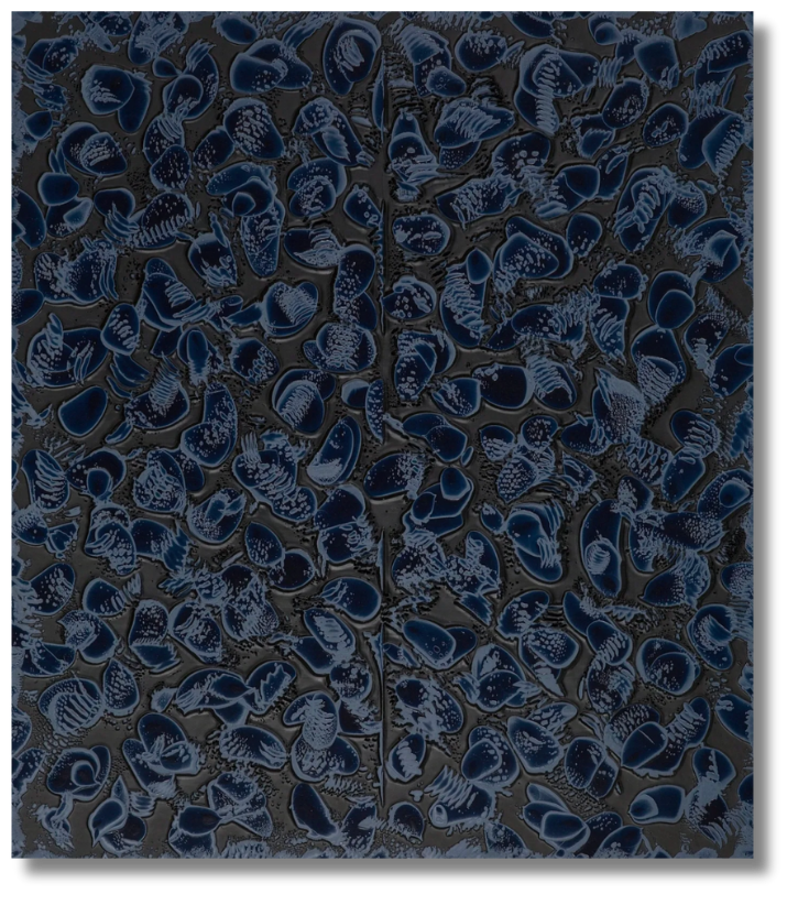 Dark textural abstract with clustered blue organic shapes