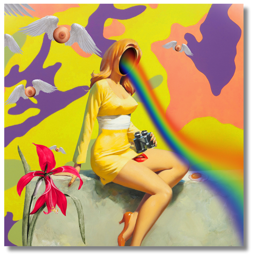 Surreal pop art of woman with rainbow face and flying objects on bold background