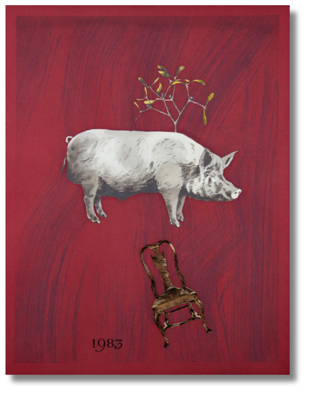 Whimsical illustration with pig, antique chair, and botanical branch on red backdrop