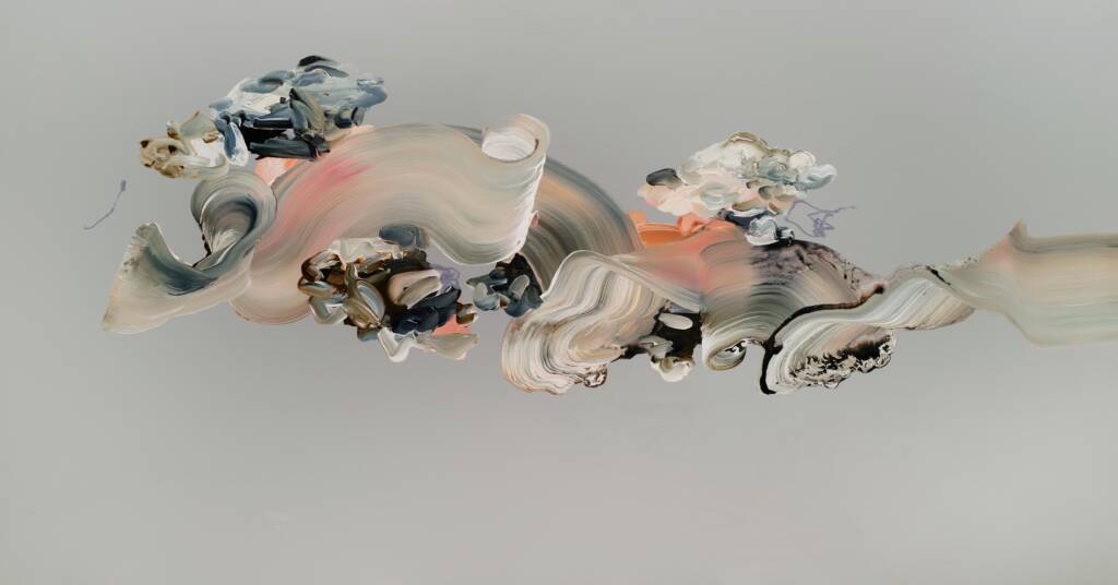 a neutral colored abstract painting like a swirl floating in the grey sky