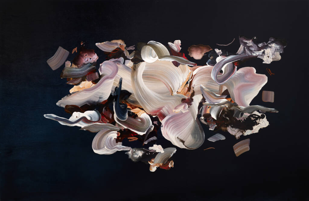 a dark deep blue, almost black background with various shapes and figures depicted as if they are floating in outer space