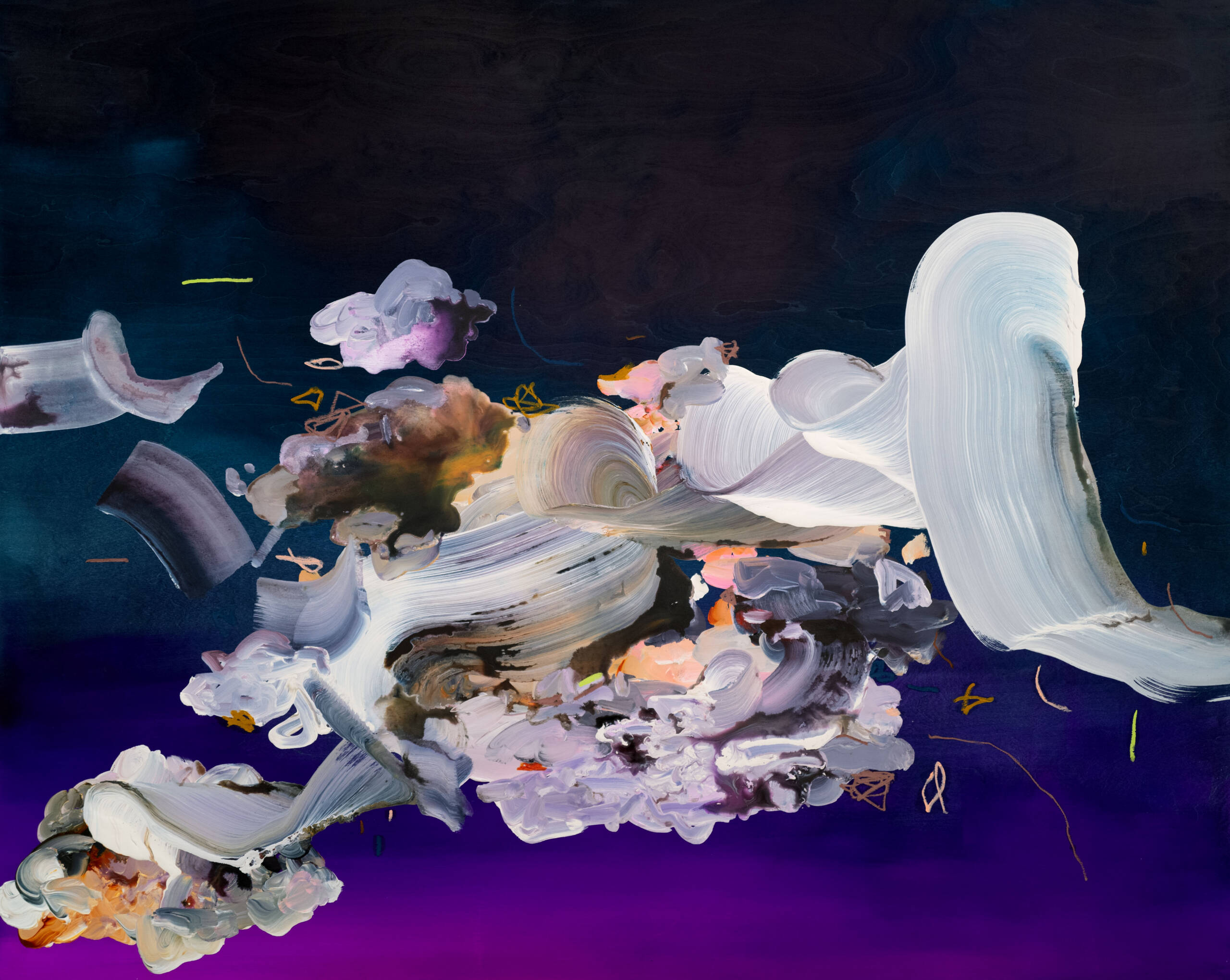 a vibrant purple and blue  background depicts swirls of white and other cloud like shapes in the sky