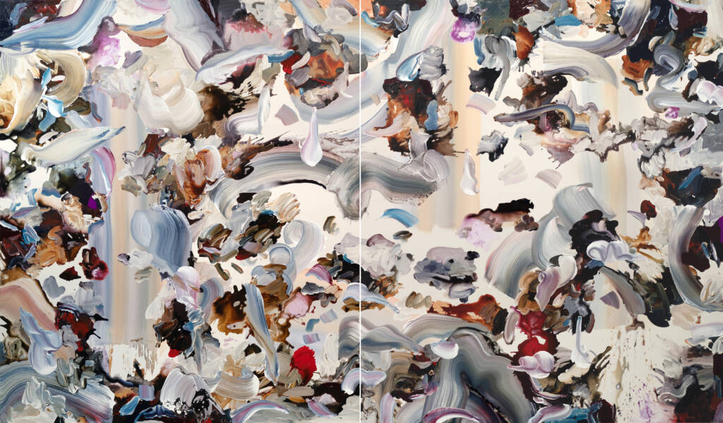 a diptych of different abstract figures all colored differently