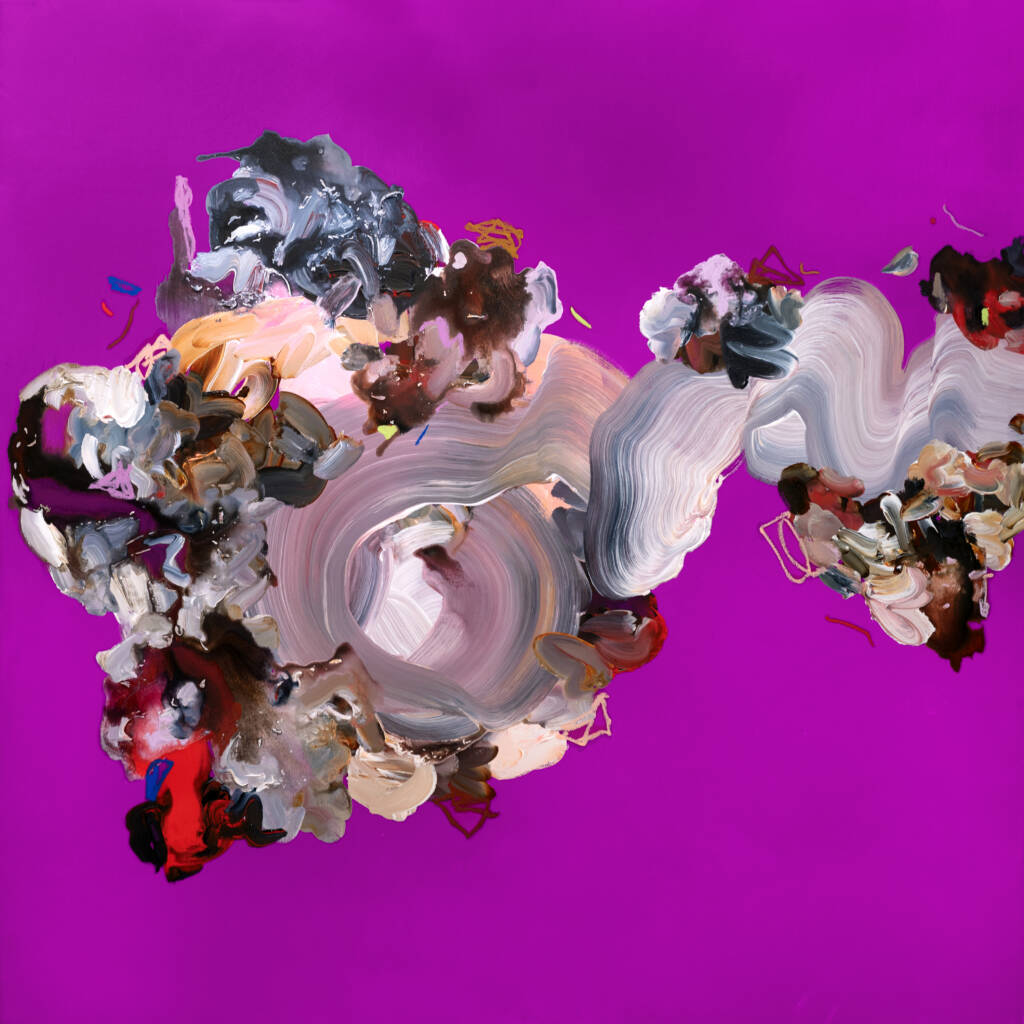 a vibrant solid purple background with a giant tube like abstract shape with a swirl coming out of it