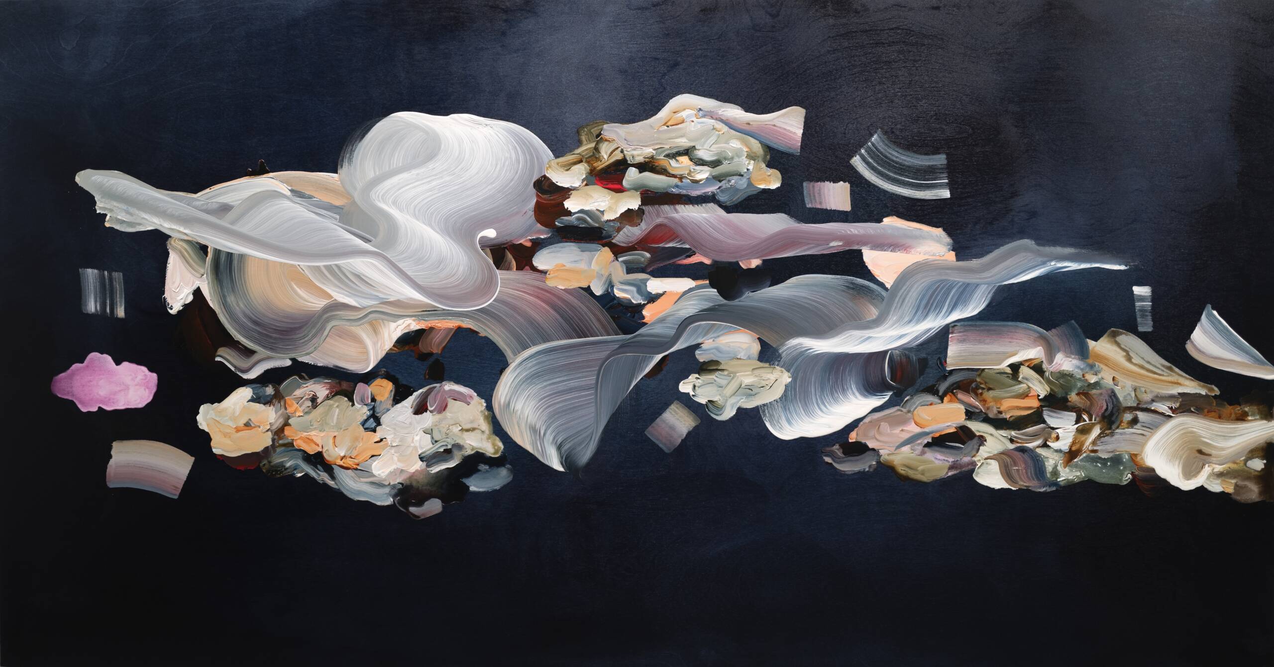 Janna Watson contemporary abstraction of a black background and swirls and splatters of all colors fill the middle third of the canvas