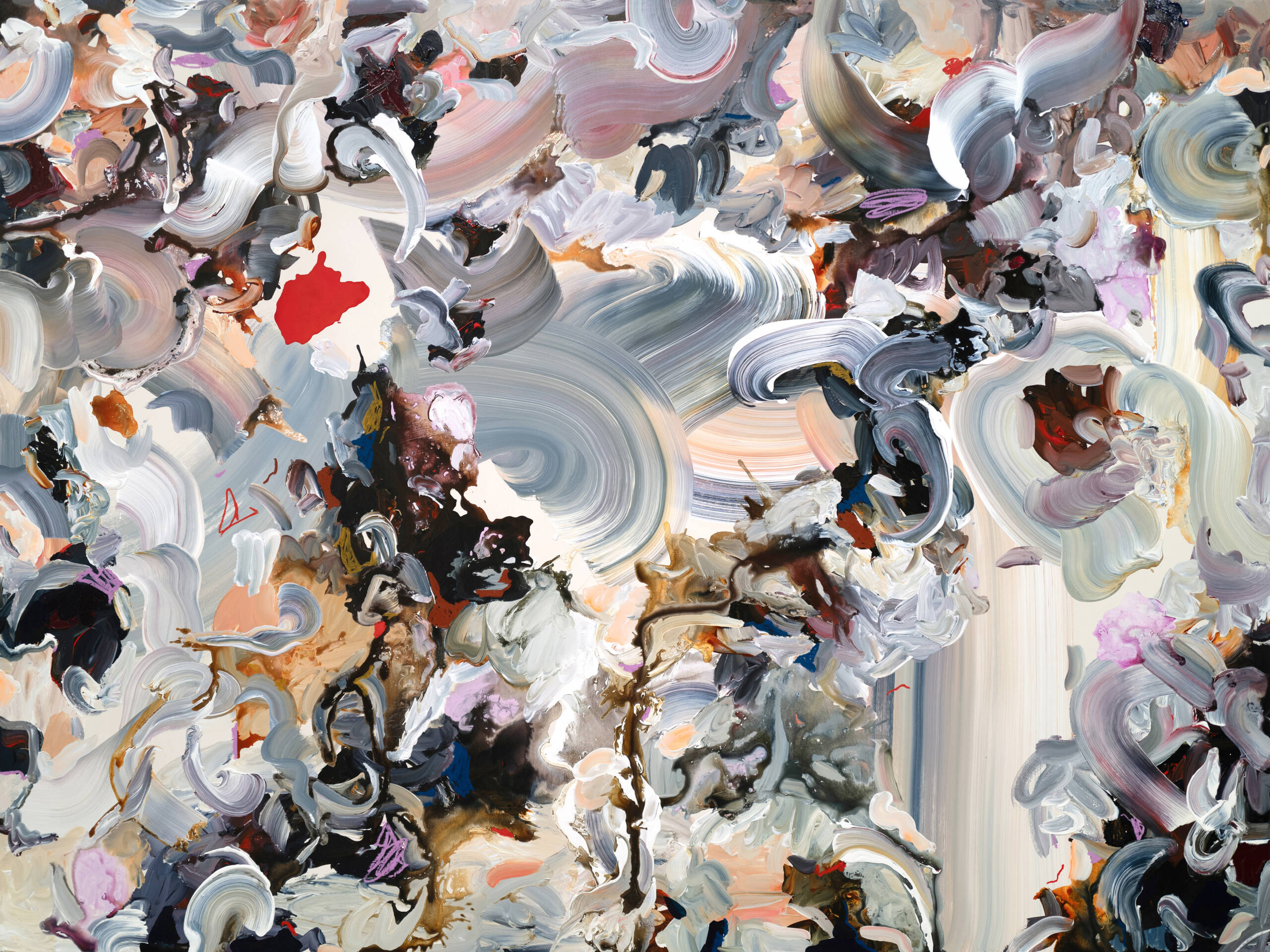 a canvas covered in various colors of swirls and splatters of paint filling up the canvas leaving so white space