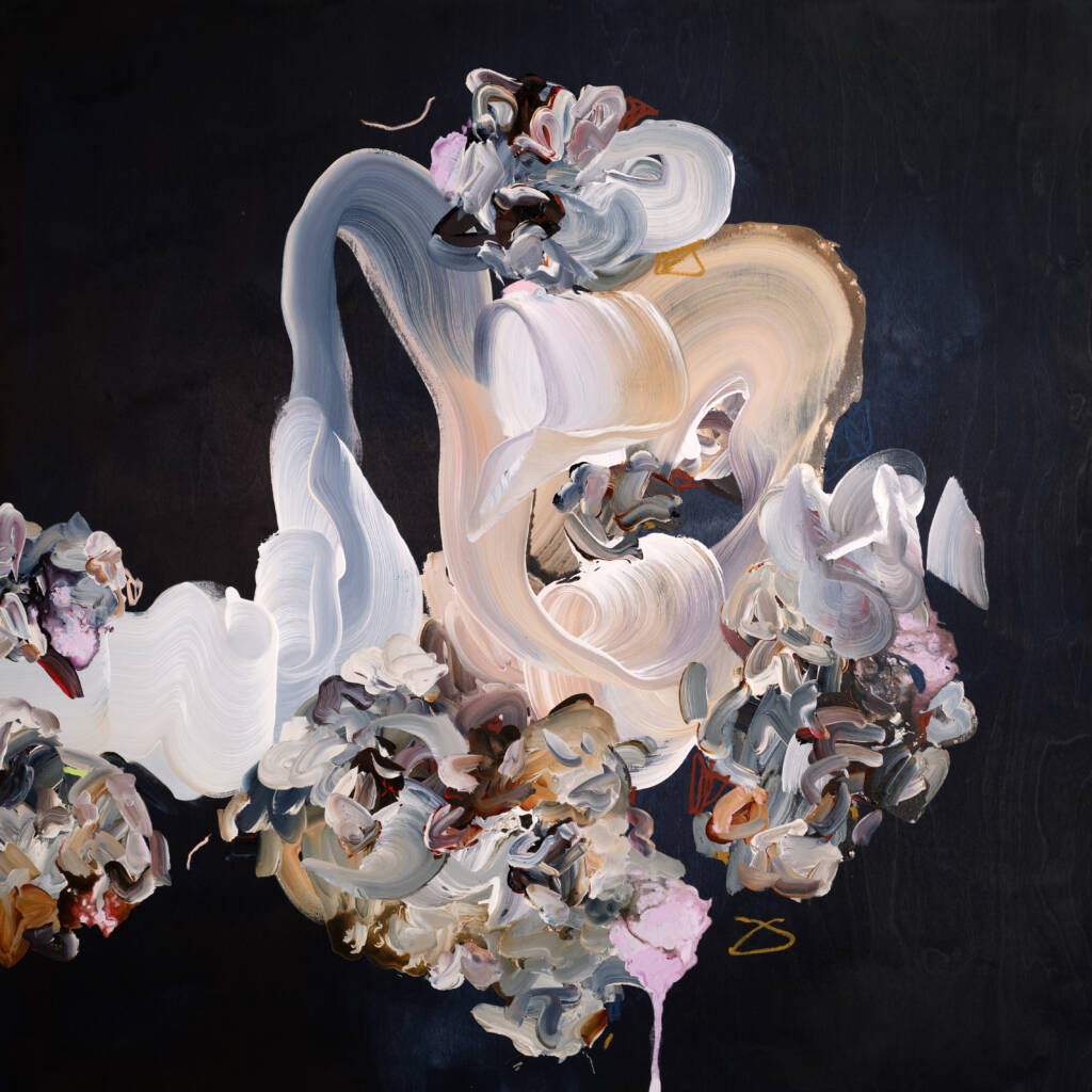 a Janna Watson contemporary abstraction in front of a deep blue, almost black background