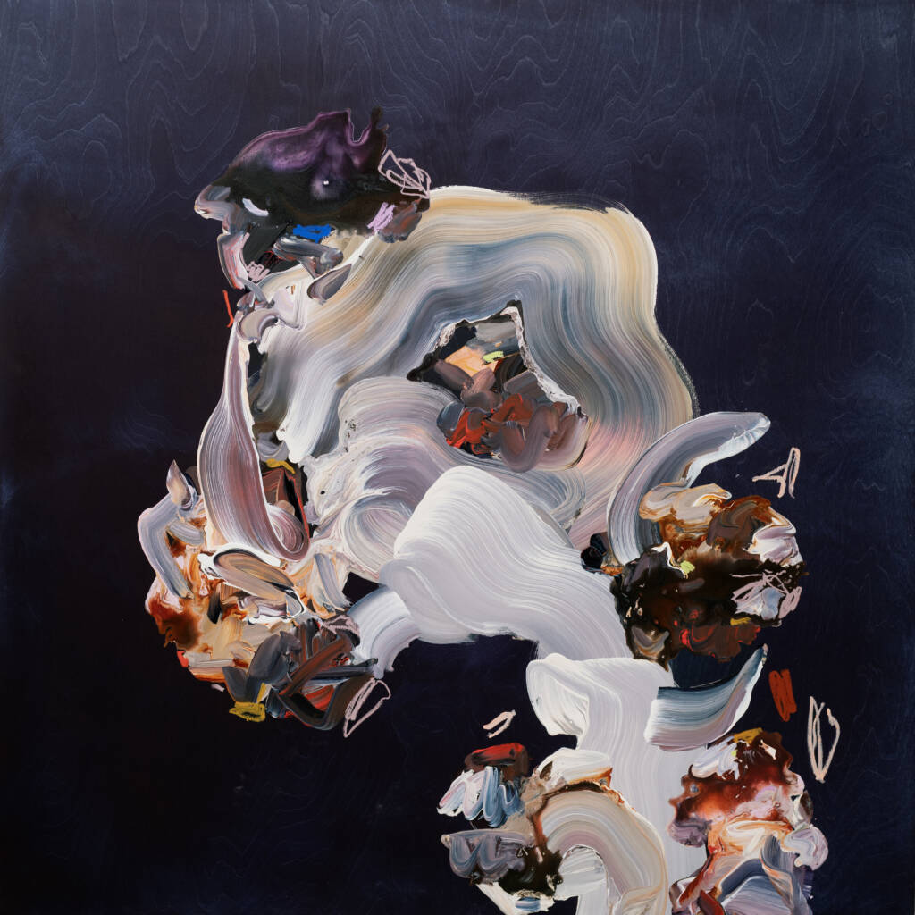 a Janna Watson contemporary abstraction in front of a deep blue background