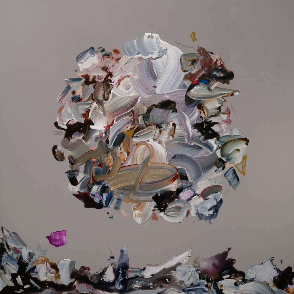 a neutral colored abstract piece with a ball of different colors floating on top of land