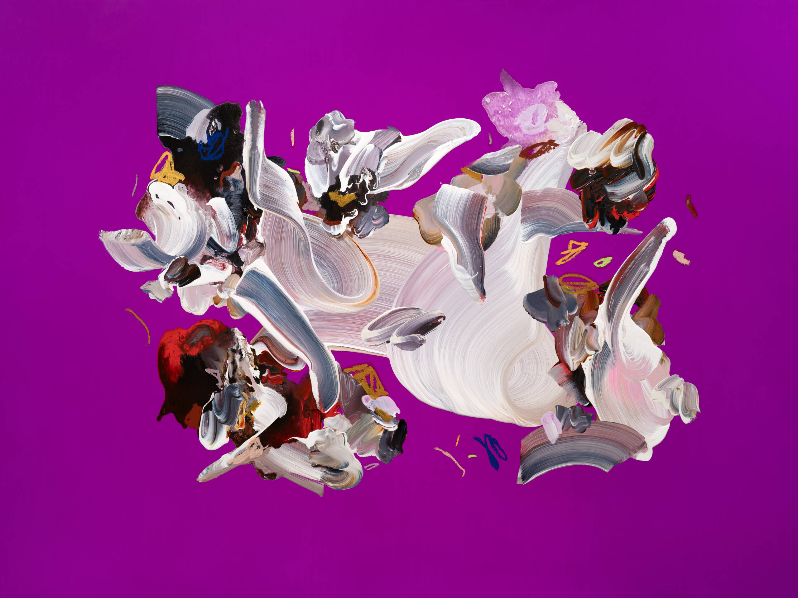 a bright purple background with a white shape in the middle filled with other colors and figures, some human and some animal like