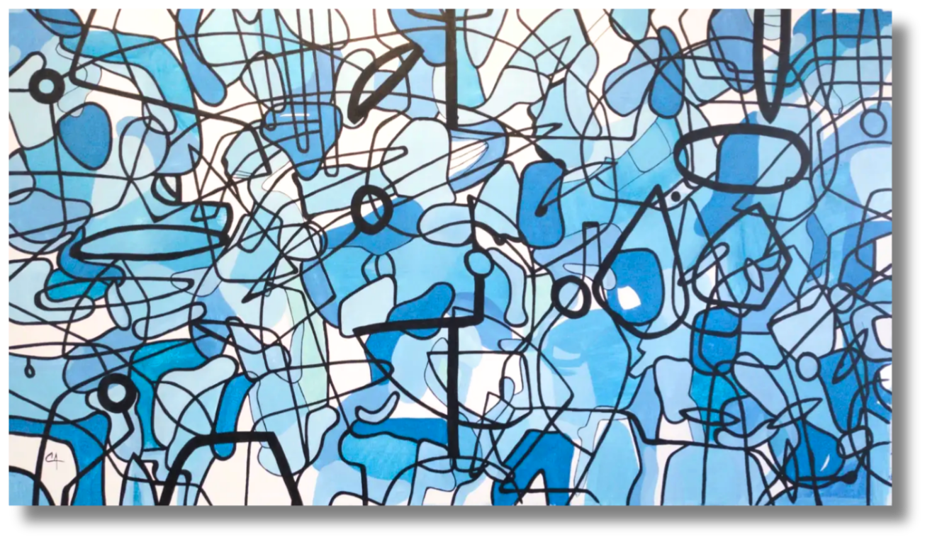 blue, black, and white shapes and lines flow in an abstract art piece in this Design-Driven Art Collection