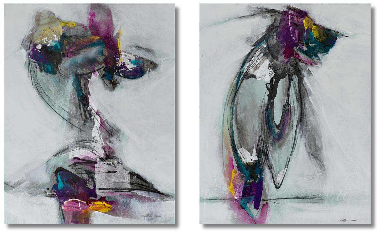 Two-panel abstract composition featuring dynamic black lines with magenta, teal, and yellow accents. Contemporary statement from the electric horizon art collection emphasizing motion and modern energy.