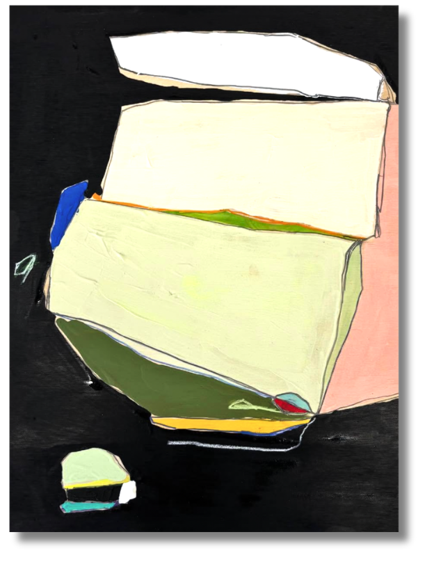 a black canvas with green, white, and pink shapes in Design-Driven Art Collection