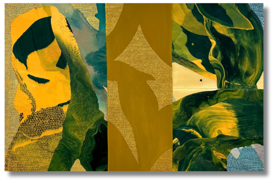 in this contemporary fine art collection, a collage of painting swirls, fabric like patterns, and various shapes pop in this painting in yellow, blue, and green.