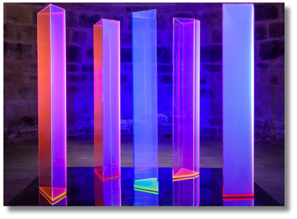 Vertical translucent light columns in neon pink, violet, and electric blue glow against a dark stone backdrop
