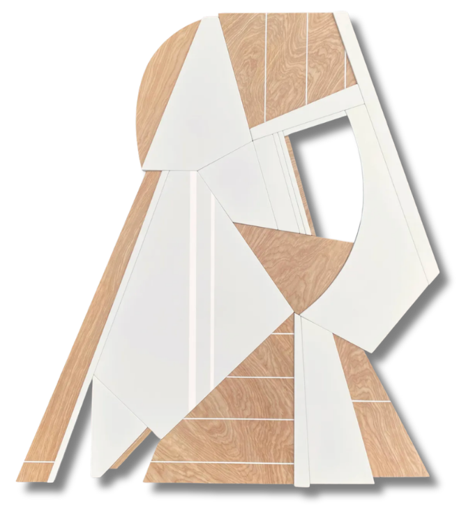 a neutral colored and white wooden sculpture full of geometric shapes and lines in this contemporary fine art collection