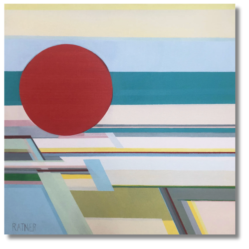 a modern abstract style painting filled with geometric shapes. the shapes create a boat like figure with the blue ocean on the horizon with a giant red circle in the middle of the page in this contemporary fine art collection