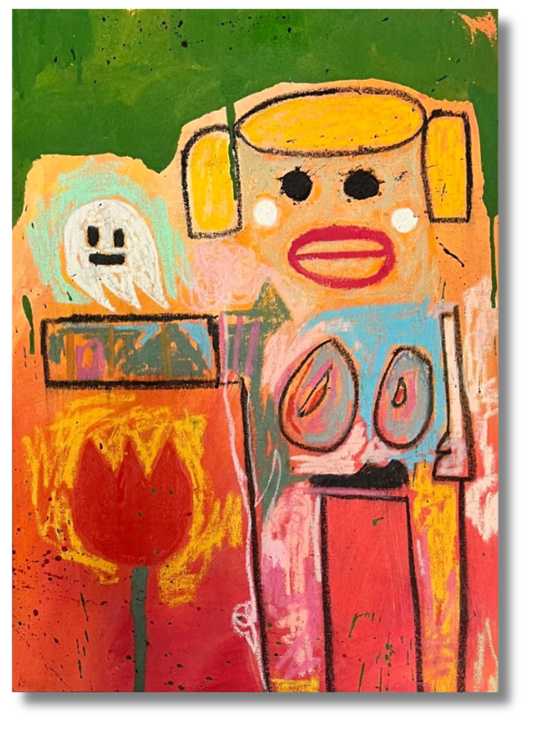 in Design-Driven Art Collection, an abstract, child-like girl figure stands next to a large rose and a small ghost, covered in bright primary colors