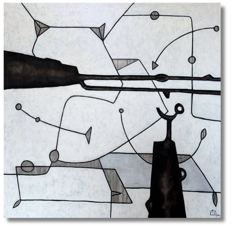 a monochrome art piece with black shapes and lines in front of a gray background in this Design-Driven Art Collection