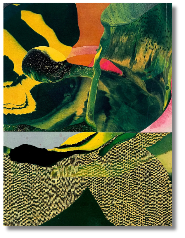 in this contemporary fine art collection, a collage of painting swirls, fabric like patterns, and various shapes pop in this painting in yellow, pink, orange, and green.