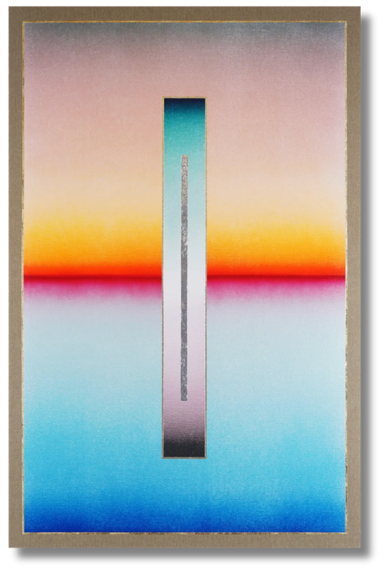 Centered vertical form set against radiant sunset hues fading into cool blue tones. Atmospheric minimalism from the electric horizon art collection emphasizing horizon lines and luminous balance.