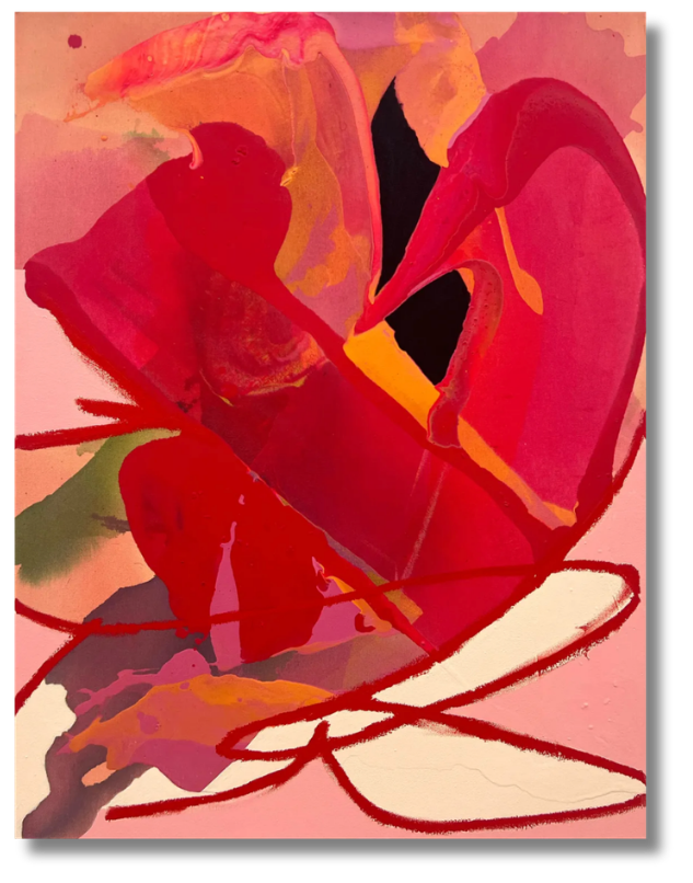 a pink and red abstract painting full of paint splatters and paint lines