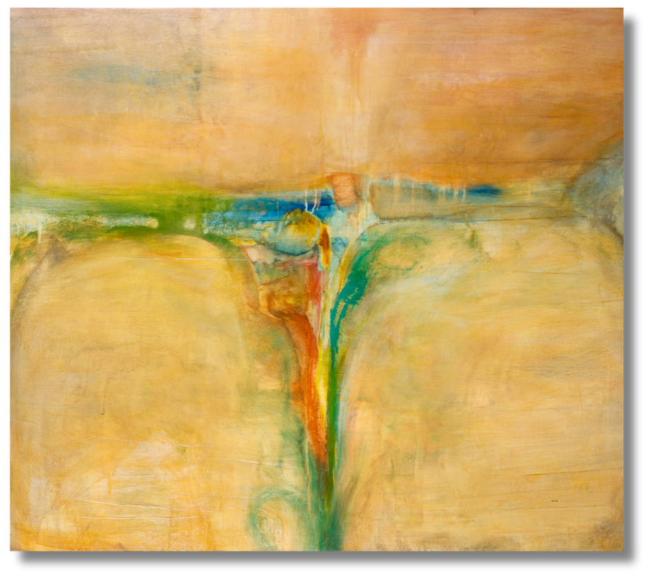 Golden and teal hues blend into soft atmospheric shapes with painterly transitions. Luminous abstract from the electric horizon art collection reflecting depth and subtle movement.