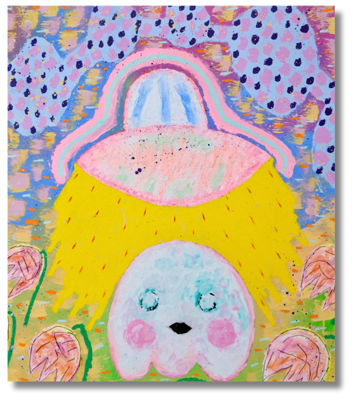 A Pastel contemporary abstraction whimsical figure with bright yellow hair and soft pastel features is framed by bold shapes and patterned backgrounds.