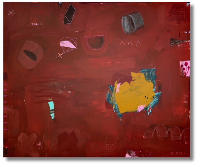 Deep red background layered with gestural marks, geometric fragments, and bold yellow paint strokes.