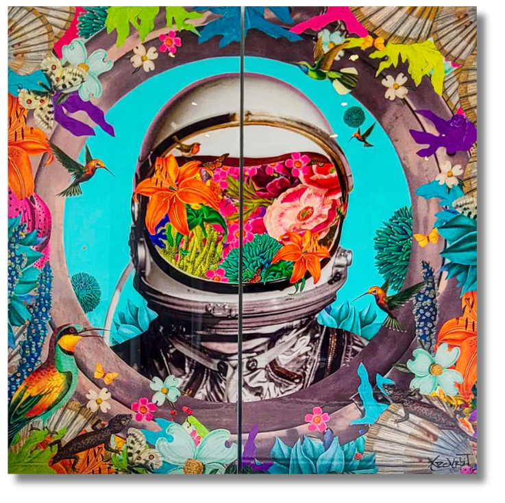 Astronaut helmet revealing lush tropical flowers, hummingbirds, and butterflies within a cosmic collage. Imaginative surreal artwork from the chromatic signals art collection merging space exploration and vibrant nature.