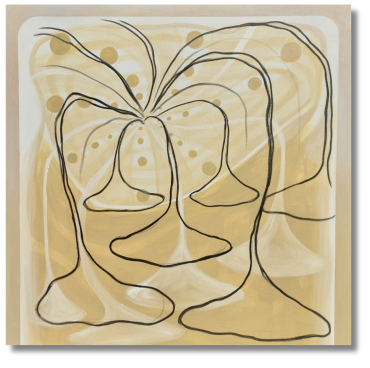 Fluid black line forms resembling stylized flowers over warm beige washes and circular accents.