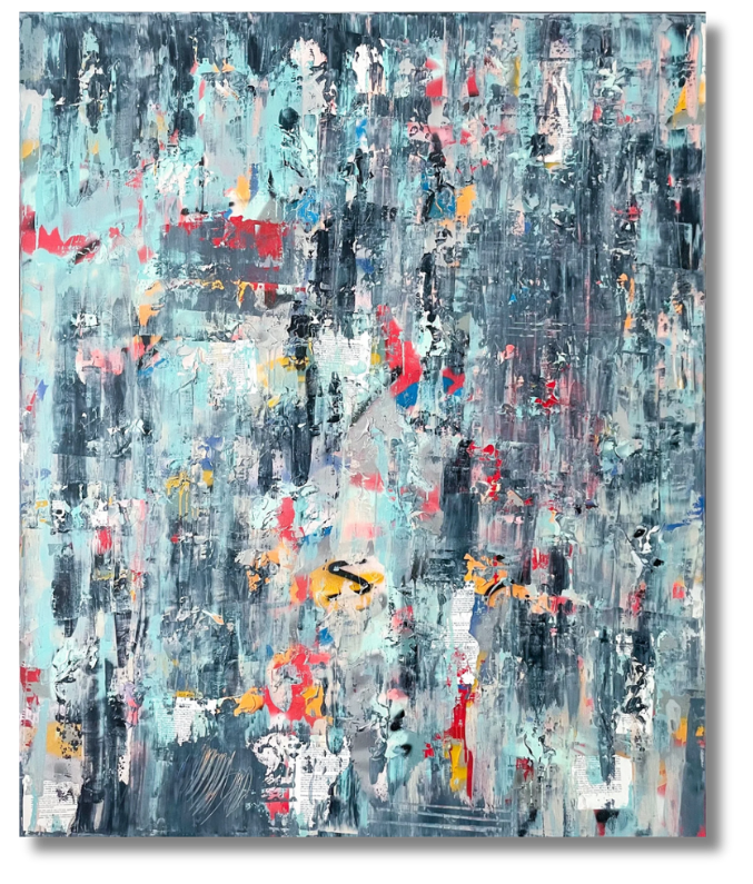 A dense composition of scraped textures, teal washes, and flashes of red and yellow evokes an urban, weathered surface in Pastel contemporary abstraction