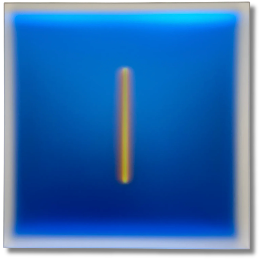 Soft electric blue gradient surrounding a glowing vertical spectrum line at center. Atmospheric minimalism from the chromatic signals art collection exploring light, color fields, and spatial depth.